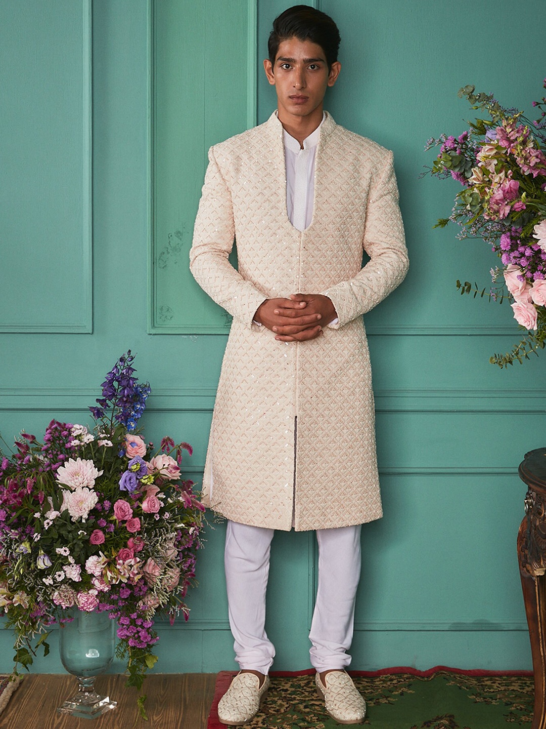 

Bindani by Jigar & Nikita Ethnic Motifs Embroidered Pure Silk Sherwani Set, Cream