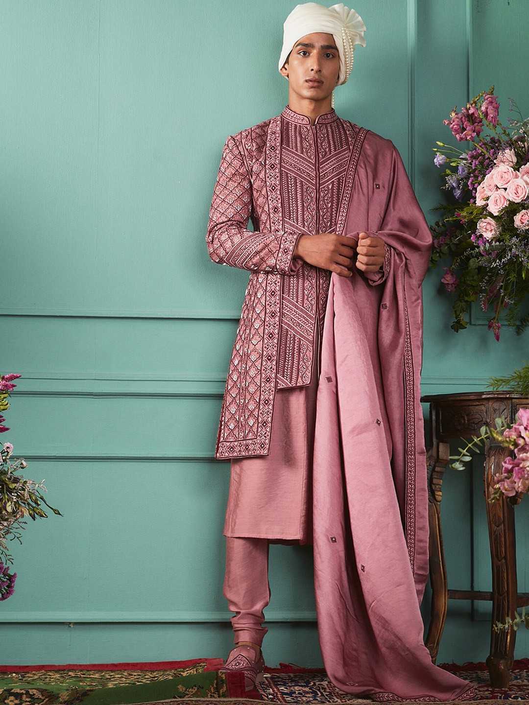 

Bindani by Jigar & Nikita Floral Embroidered Pure Silk Sherwani Set, Mauve