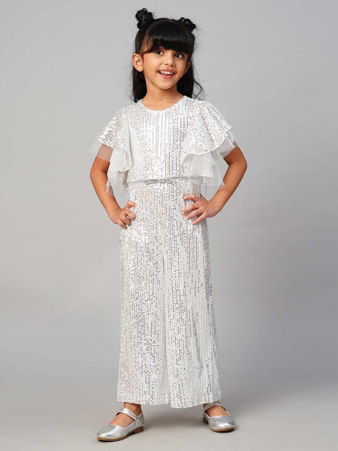 

LIL DRAMA Girls Self Design Sequinned Ruffles Jumpsuit, White