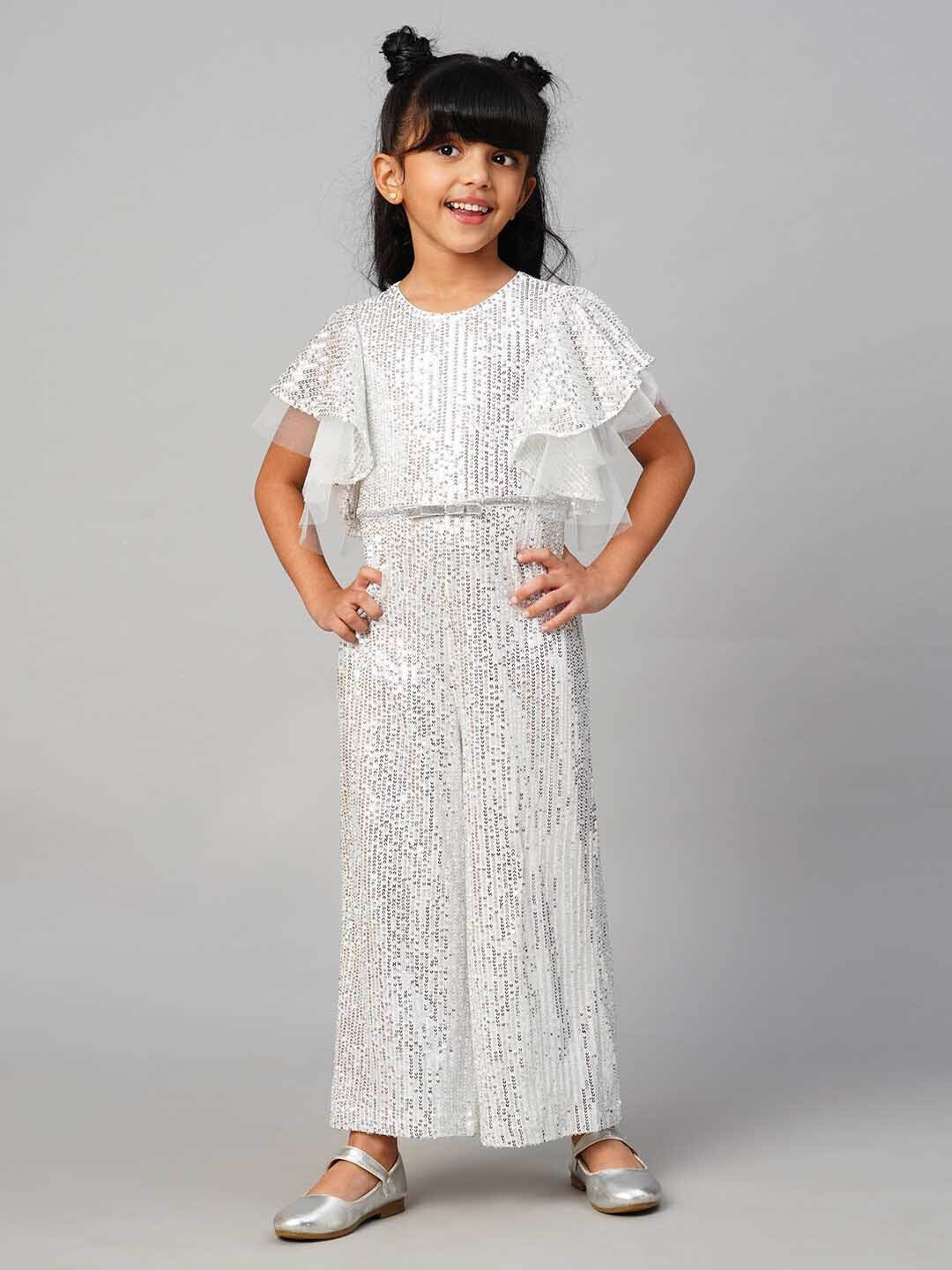 

LIL DRAMA Girls Self Design Sequinned Ruffles Jumpsuit, White