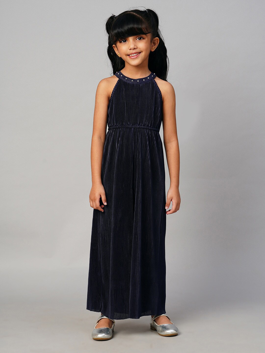 

LIL DRAMA Girls Striped Halter Neck Jumpsuit, Navy blue