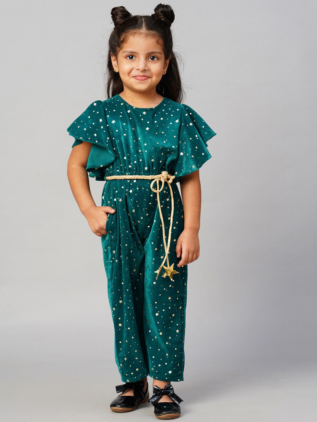 

LIL DRAMA Girls Printed Waist Tie-Ups Velvet Jumpsuit, Green