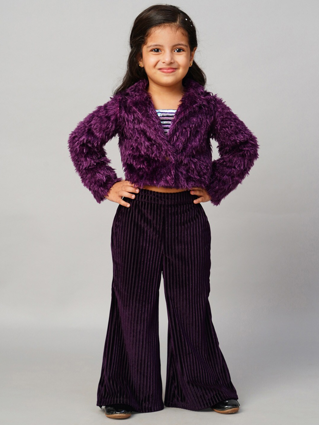 

LIL DRAMA Girls Fur Jacket with Palazzos, Purple