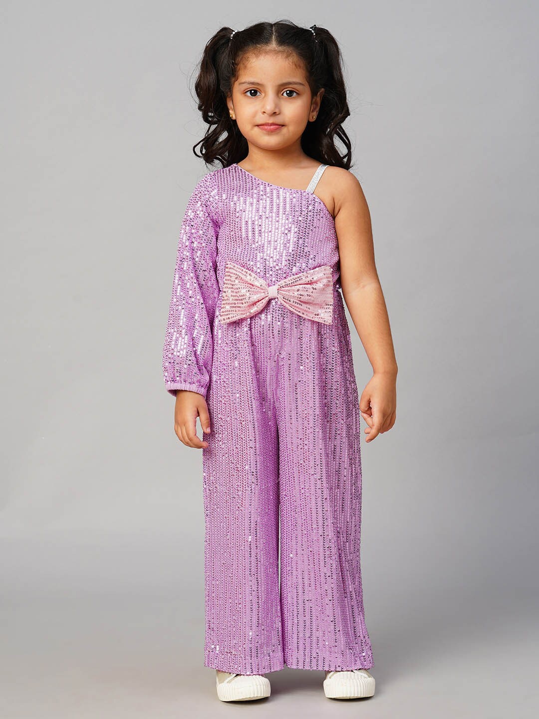 

LIL DRAMA Girls Embellished One Shoulder Sequinned Bow Detail Jumpsuit, Lavender