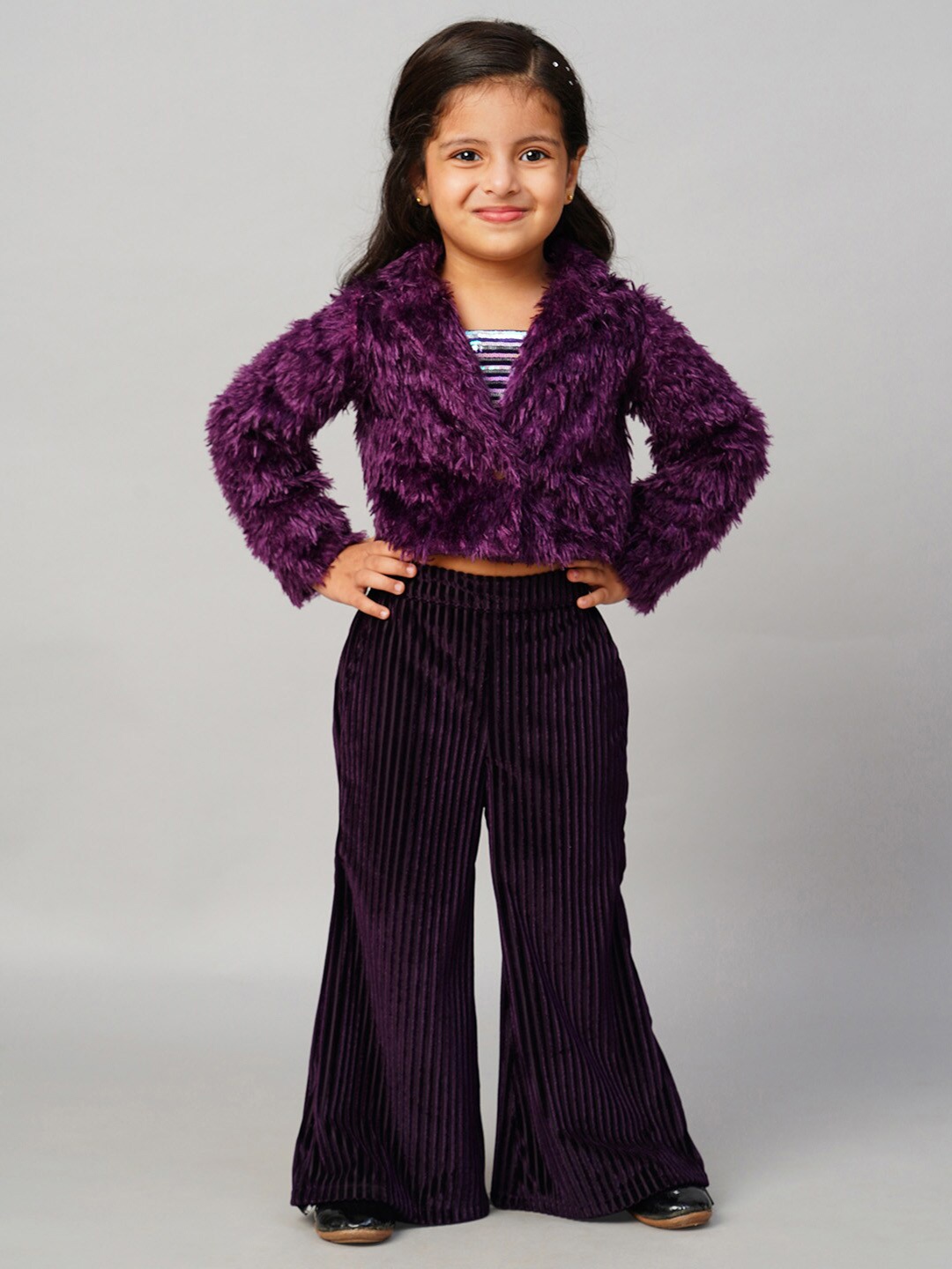 

LIL DRAMA Girls Fur Jacket with Palazzos Clothing Set, Purple