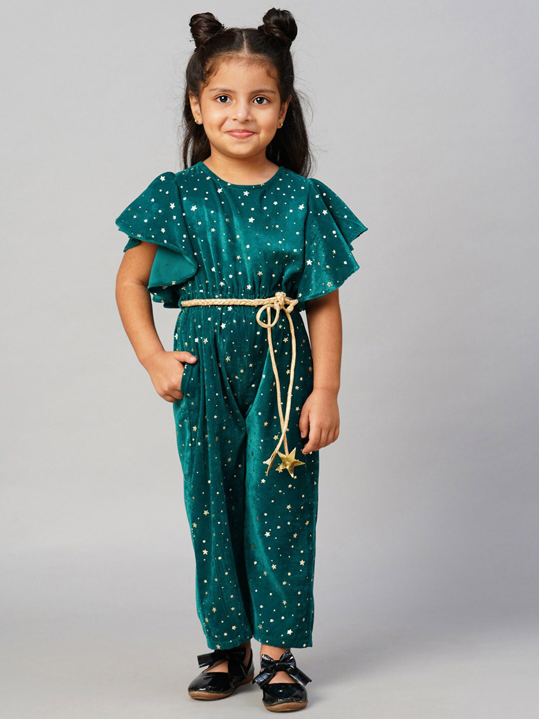 

LIL DRAMA Girls Printed Waist Tie-Ups Velvet Jumpsuit, Green