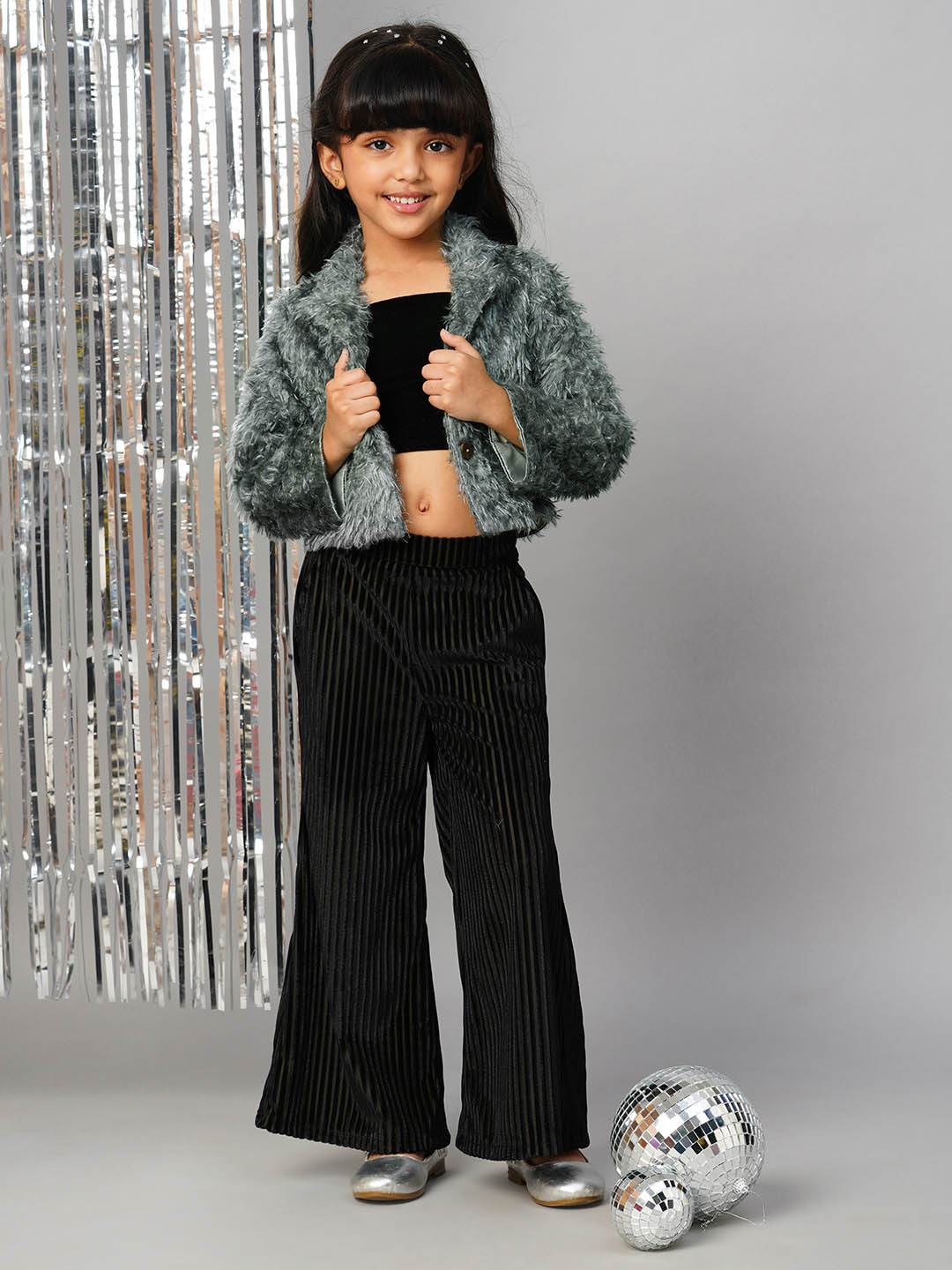 

LIL DRAMA Girls Strapless Ribbed Crop Coat with Palazzos & Top, Grey