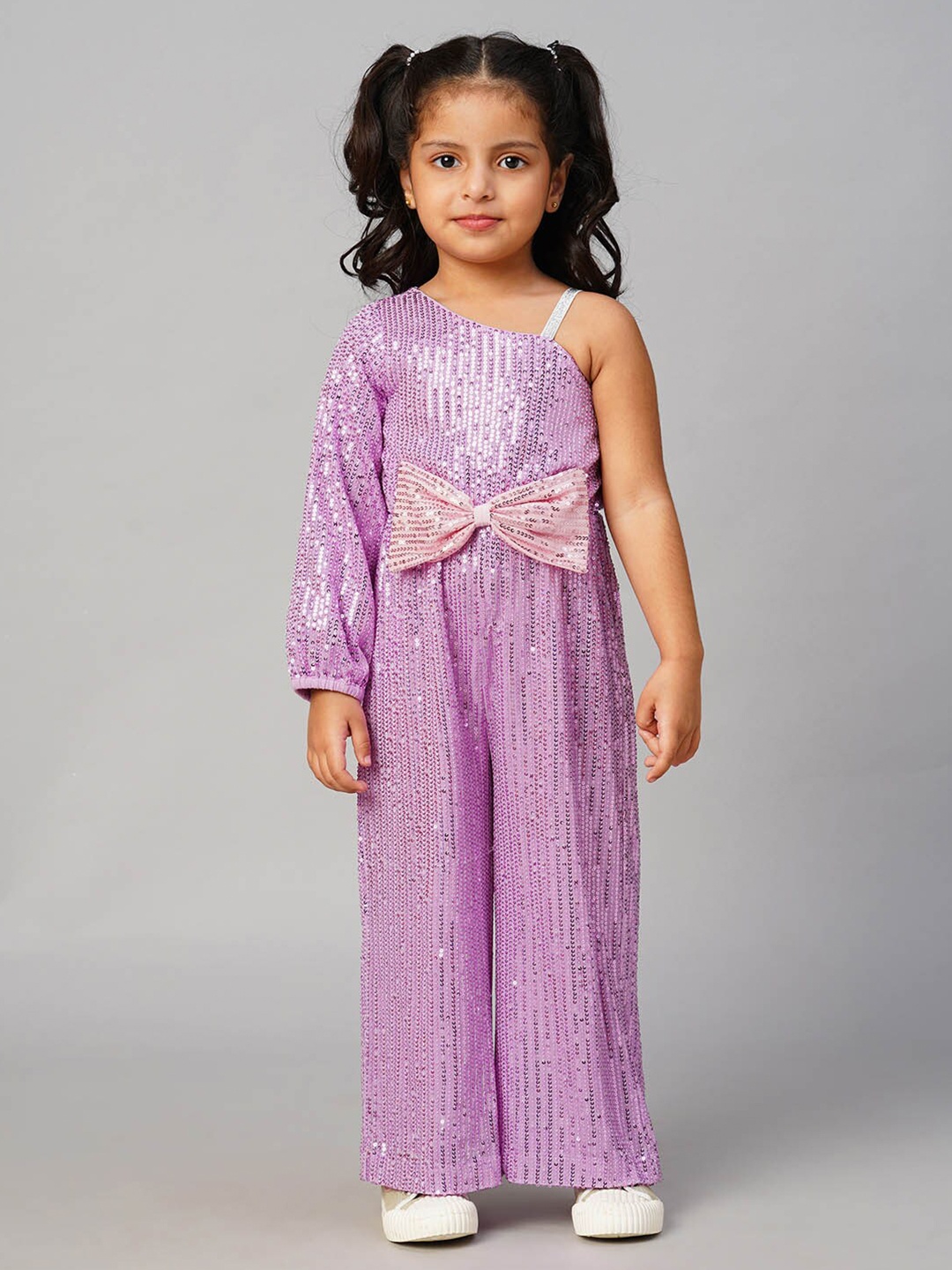 

LIL DRAMA Girls Embellished One Shoulder Sequinned Bow Detail Jumpsuit, Lavender