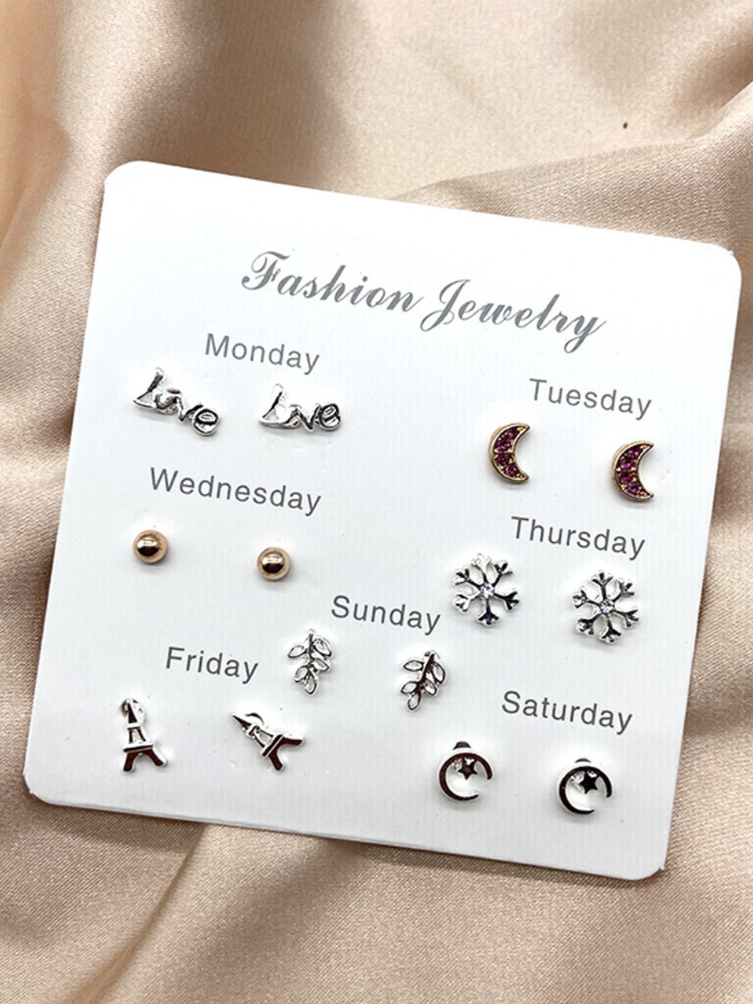 

DressBerry Set Of 7 Contemporary Studs Earrings, Silver