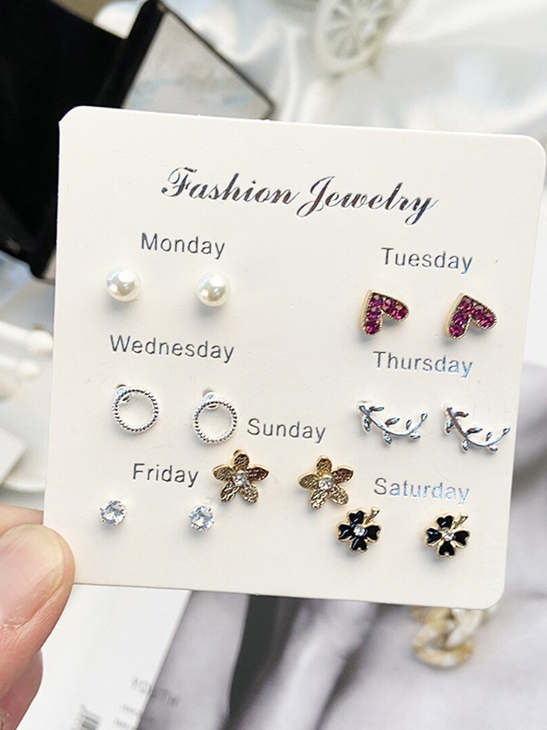 

DressBerry White & Red Set Of 7 Stone-Studded & Beaded Studs Earrings, Silver