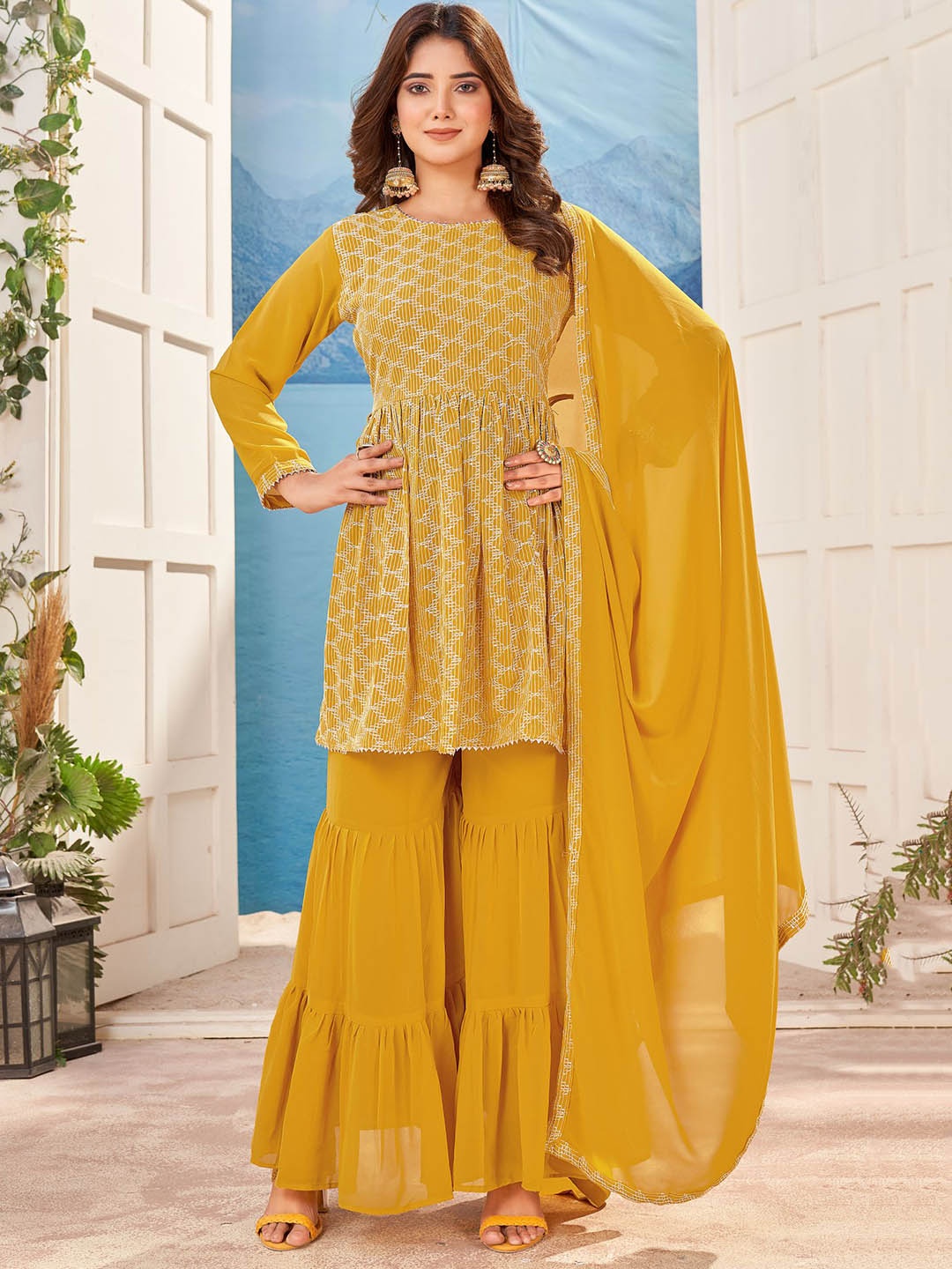 

KALINI Geometric Embroidered Pleated Thread Work Kurta With Sharara & Dupatta, Yellow