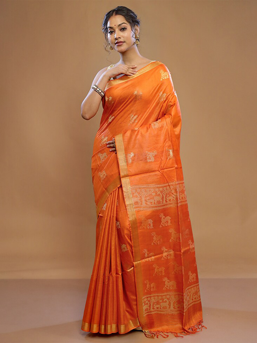 

AllSilks Ethnic Motifs Woven Design Zari Pure Silk Tussar Saree, Orange