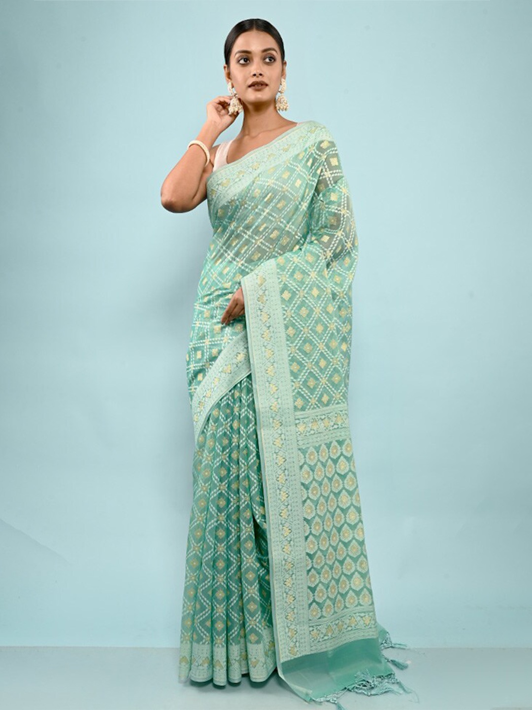 

AllSilks Geometric Woven Dsign Zari Silk Cotton Saree, Green