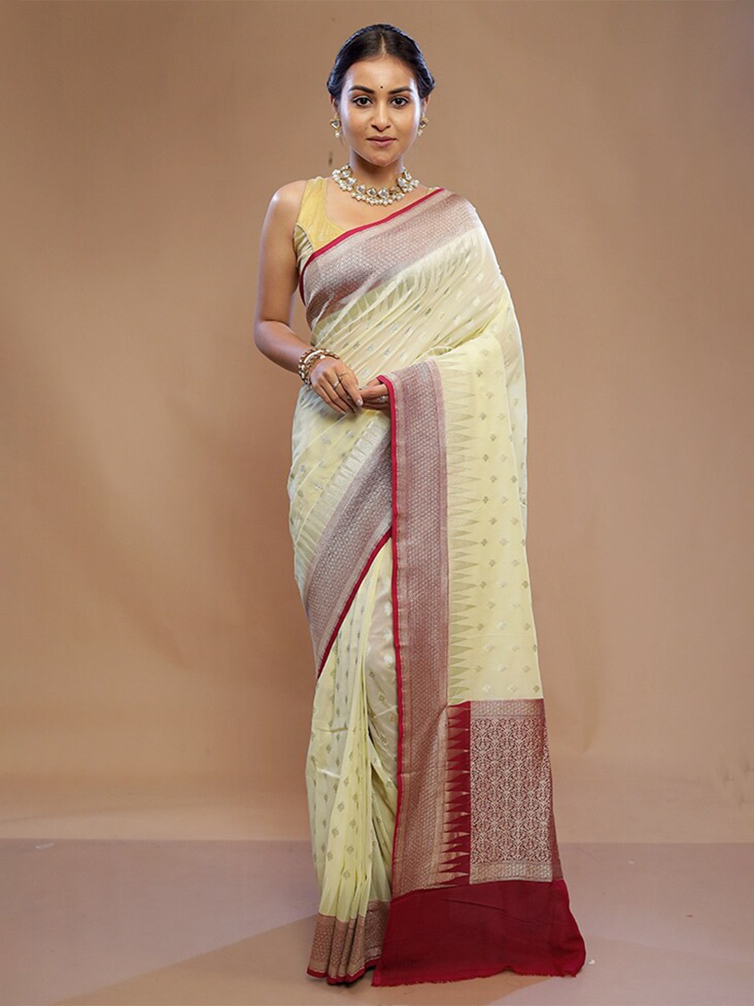 

AllSilks Ethnic Motifs Woven Design Silk Cotton Saree, Cream