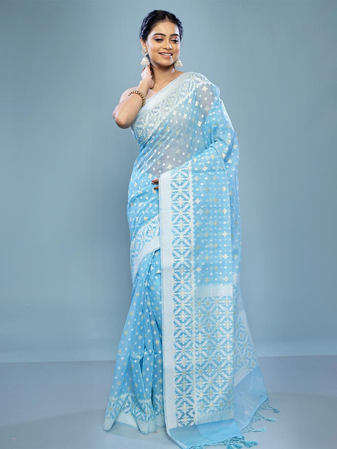 

AllSilks Ethnic Motifs Woven Design Zari Silk Cotton Saree, Blue