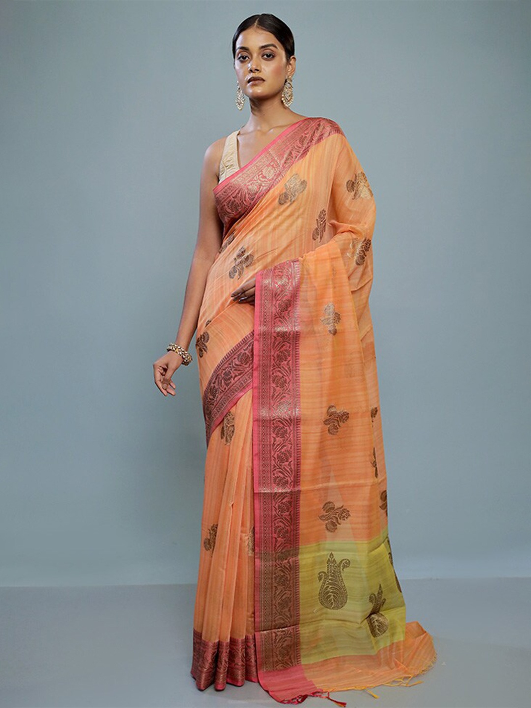 

AllSilks Floral Printed Zari Saree, Orange