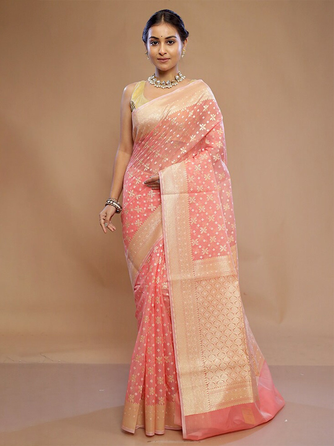 

AllSilks Ethnic Motifs Woven Design Zari Kora Silk Cotton Saree, Pink