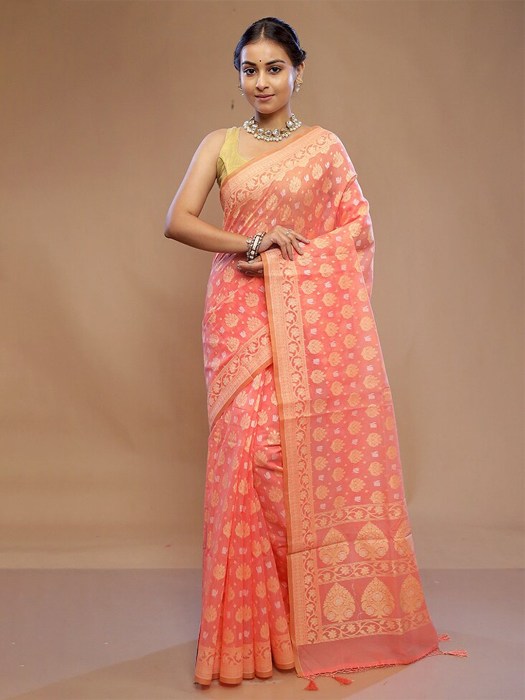 

AllSilks Ethnic Motifs Woven Design Silk Cotton Saree, Peach