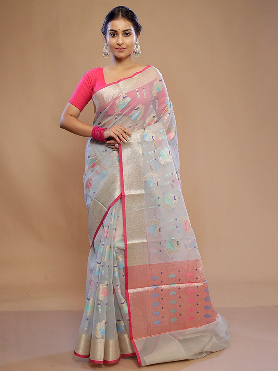 

AllSilks Floral Woven Design Zari Silk Cotton Saree, Cream