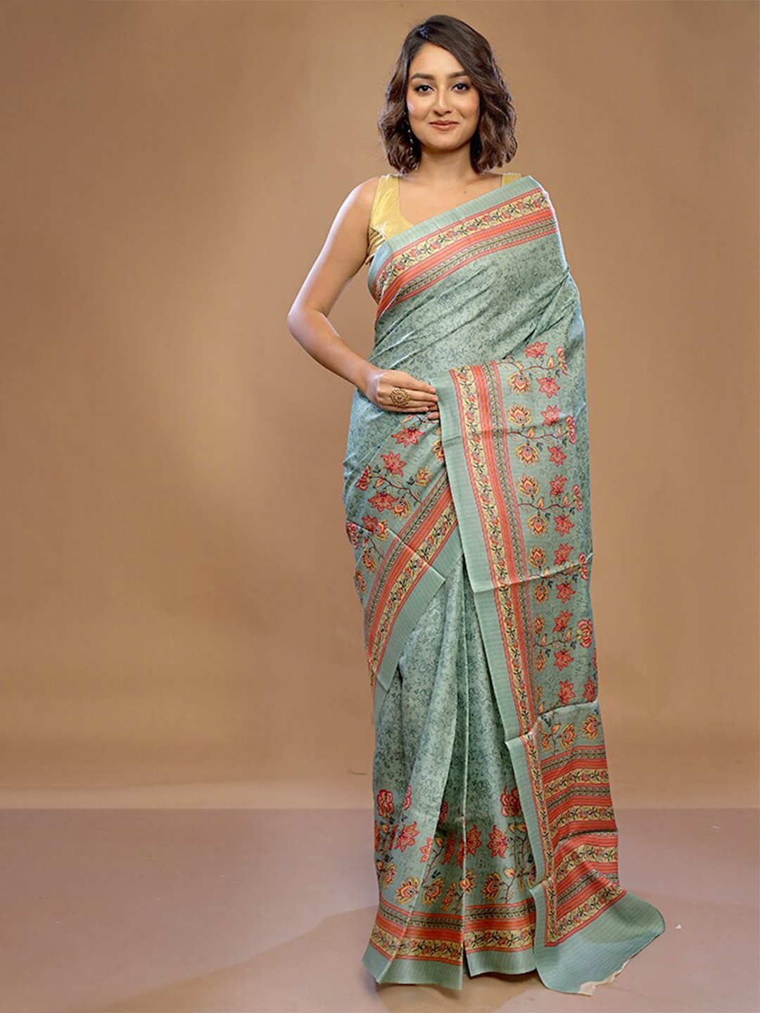 

AllSilks Floral Printed Pure Silk Tussar Saree, Green