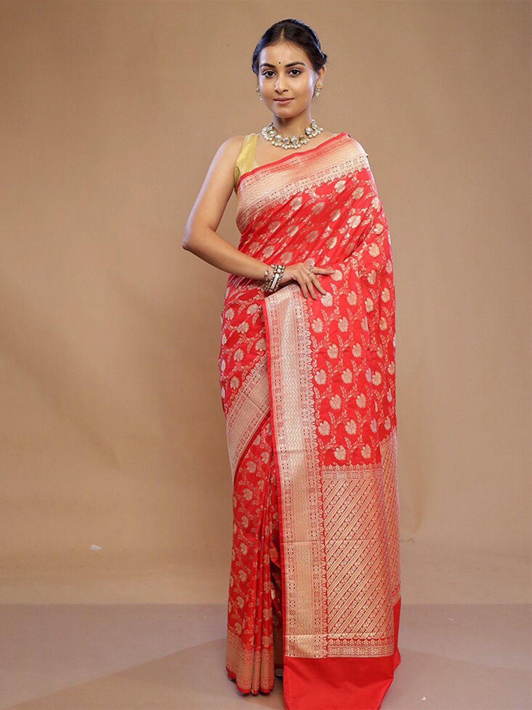 

AllSilks Floral Woven Design Zari Pure Silk Saree, Red