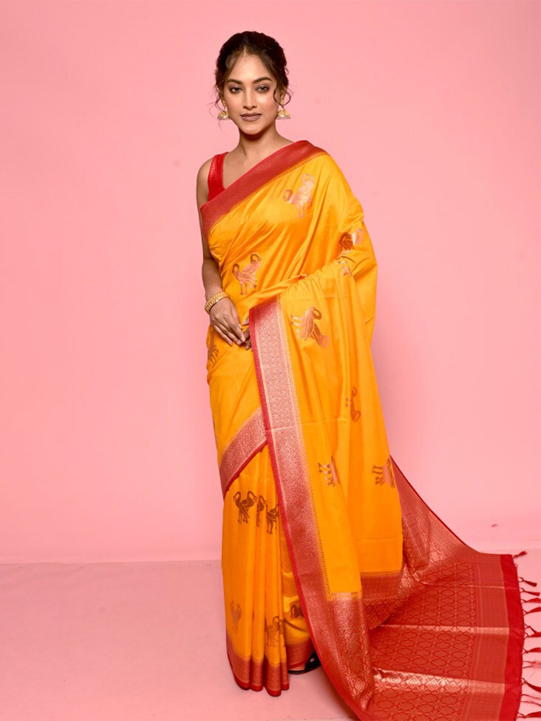 

AllSilks Ethnic Motifs Woven Design Silk Blend Saree, Yellow
