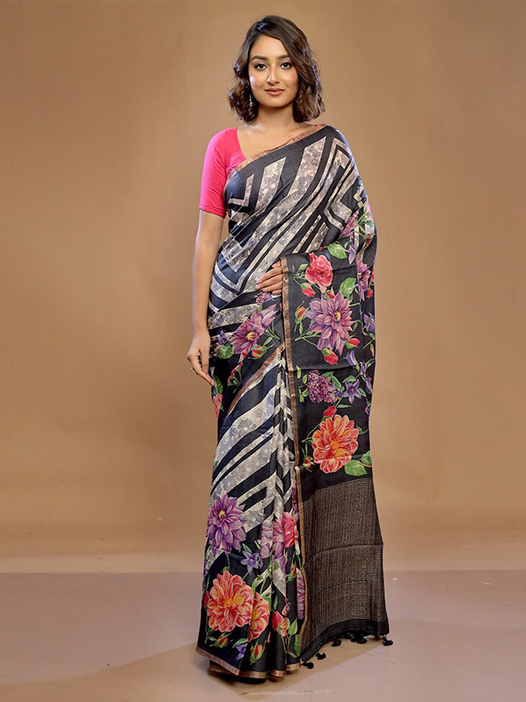 

AllSilks Chevron Printed Pure Silk Zari Tussar Saree, Black