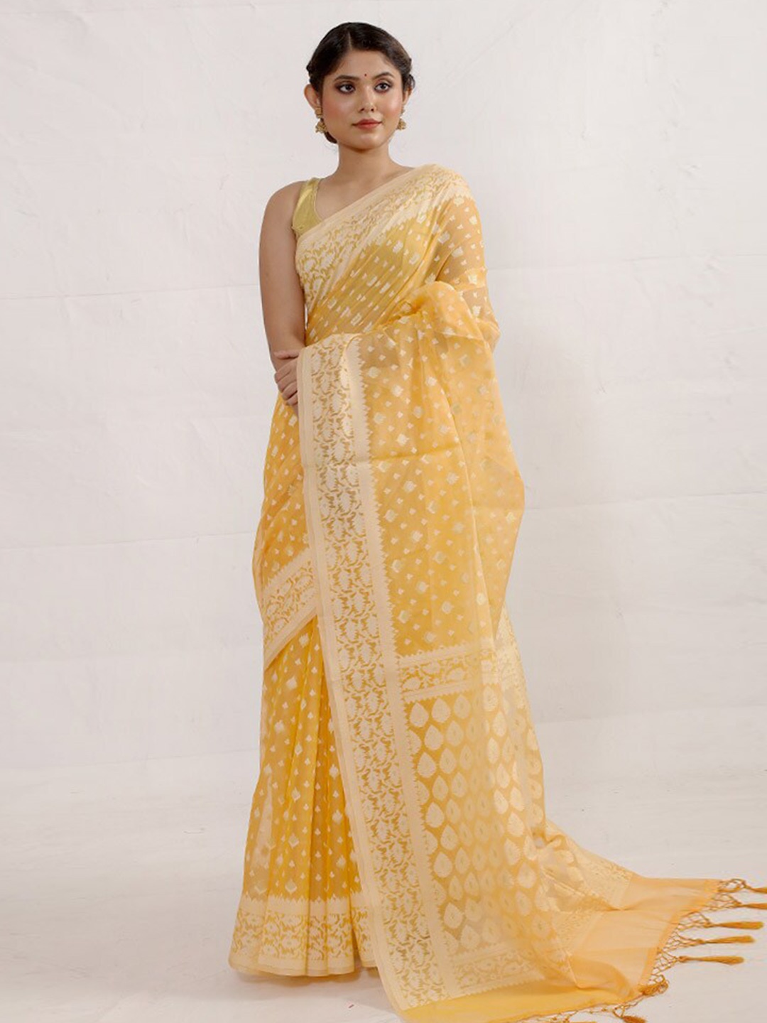 

AllSilks Ethnic Motifs Woven Design Zari Kora Silk Cotton Saree, Yellow