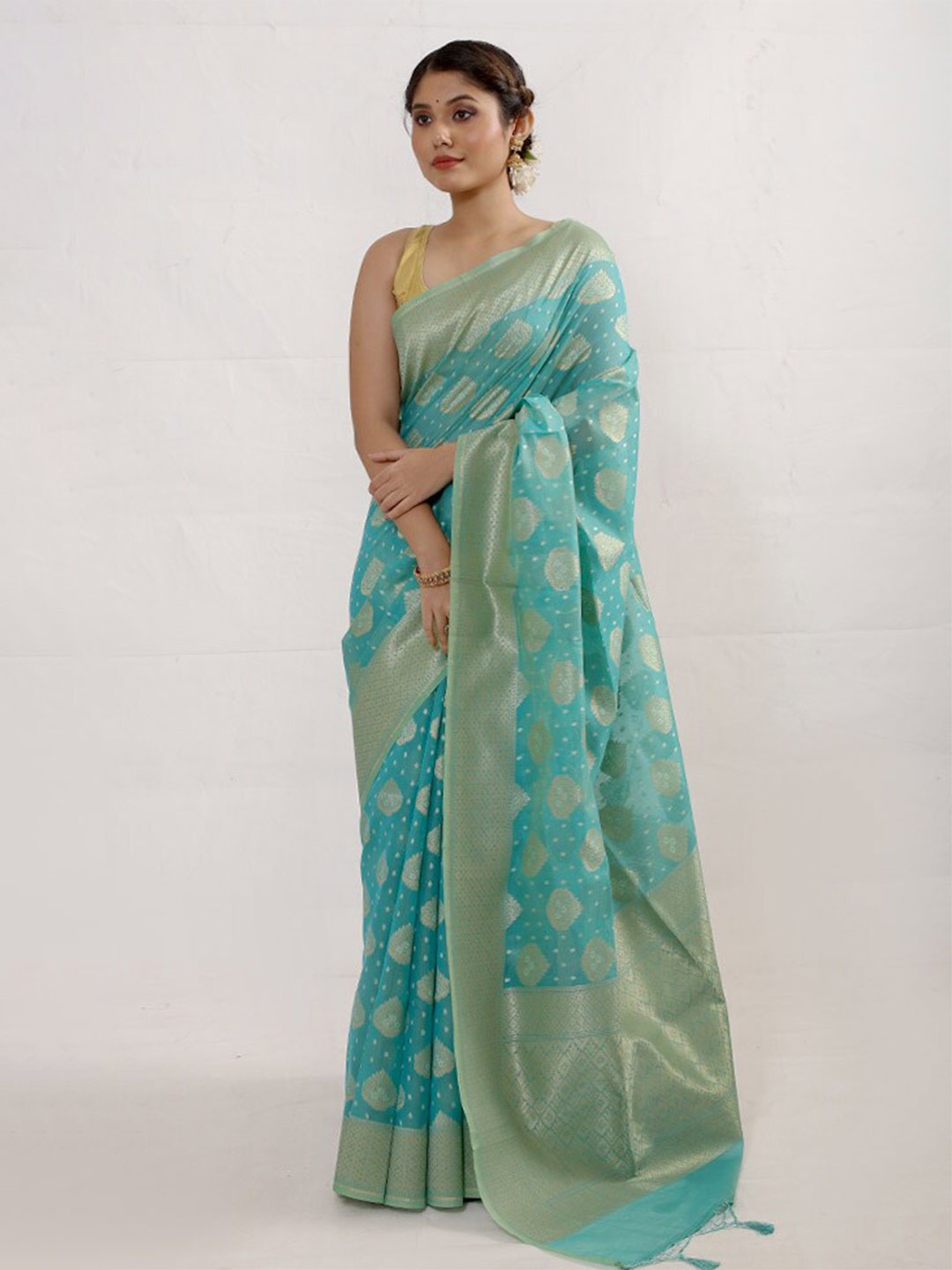 

AllSilks Ethnic Motifs Woven Design Zari Kora Silk Cotton Saree, Green