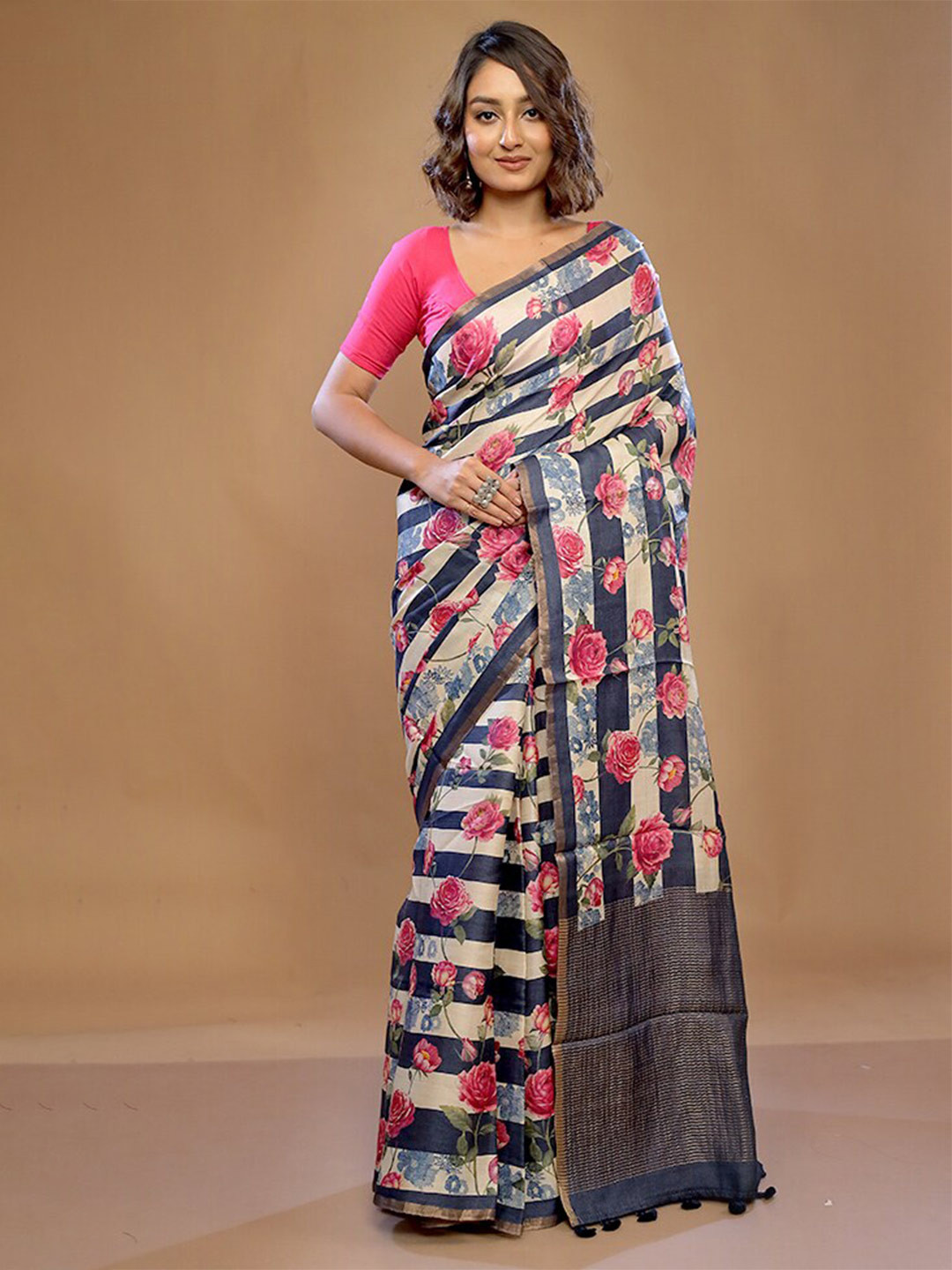 

AllSilks Floral Printed Zari Pure Silk Tussar Saree, Blue