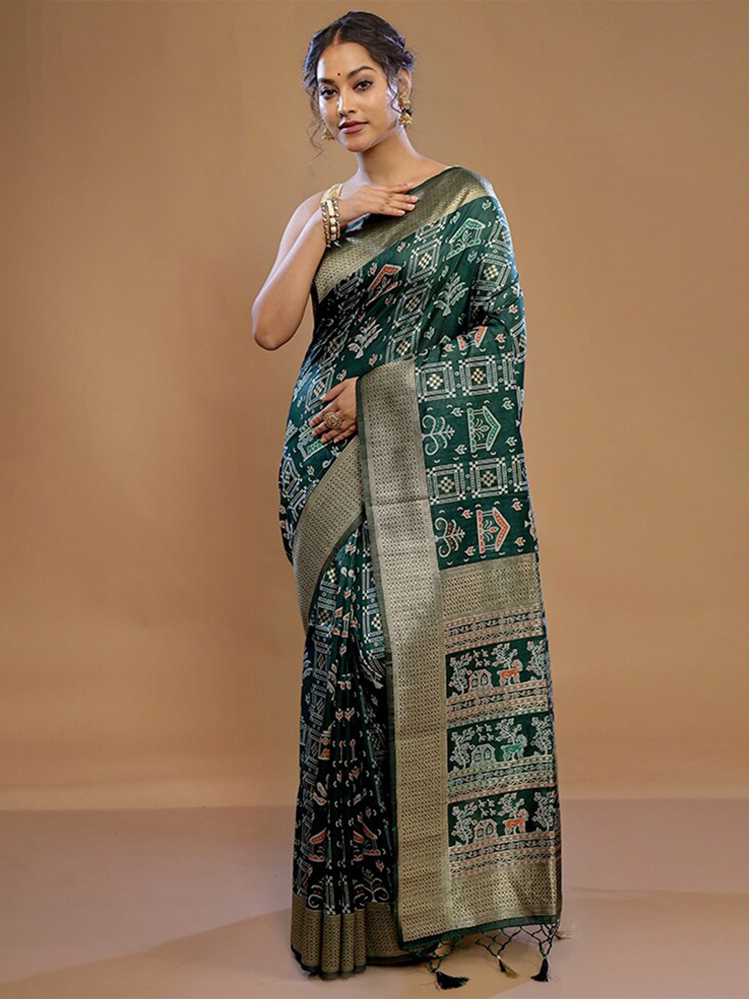 

AllSilks Ethnic Motifs Printed Saree, Green