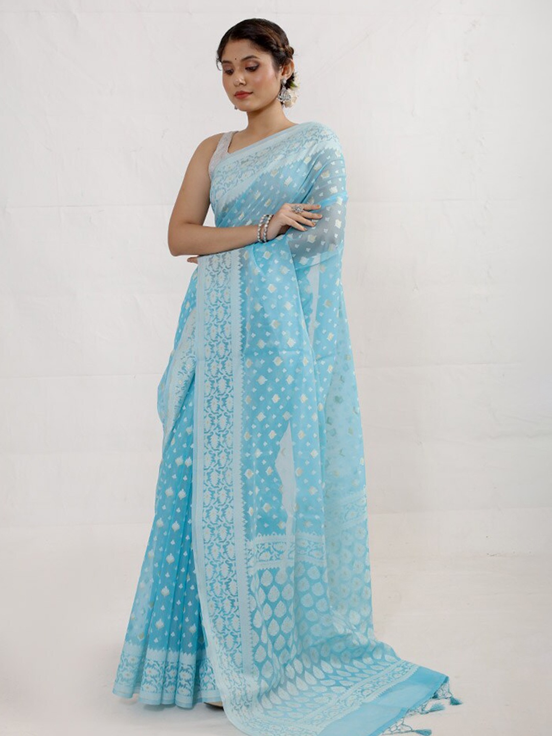 

AllSilks Floral Woven Design Silk Cotton Saree, Blue