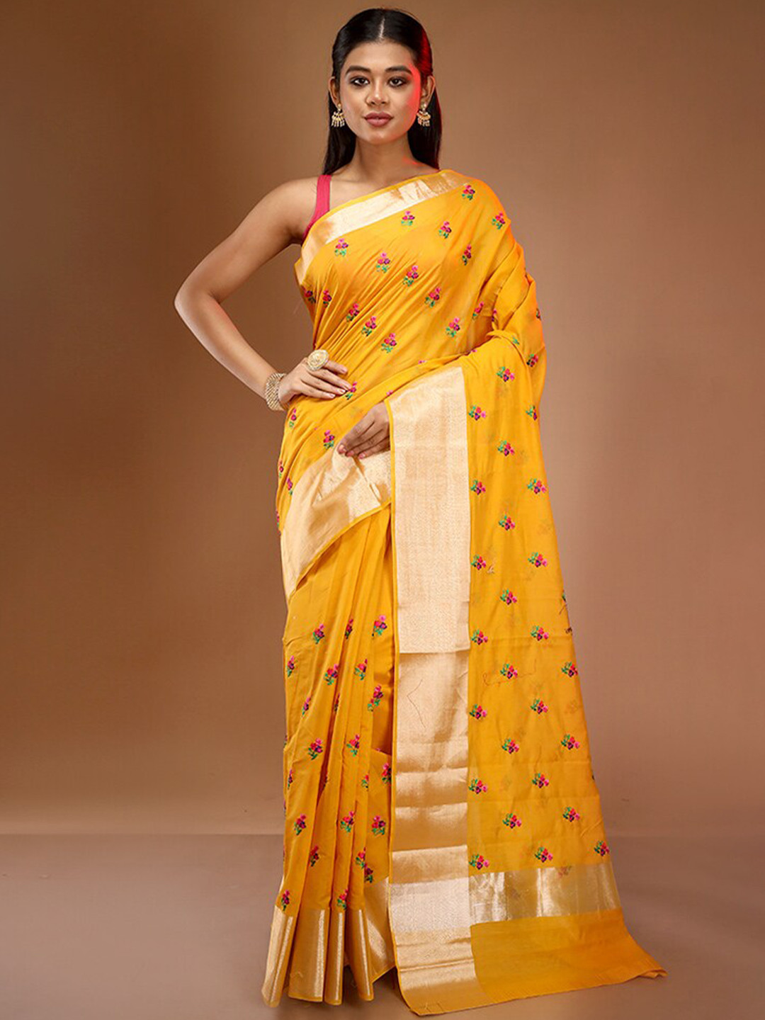 

AllSilks Yellow Floral Embroidered Zari Pure Cotton Saree