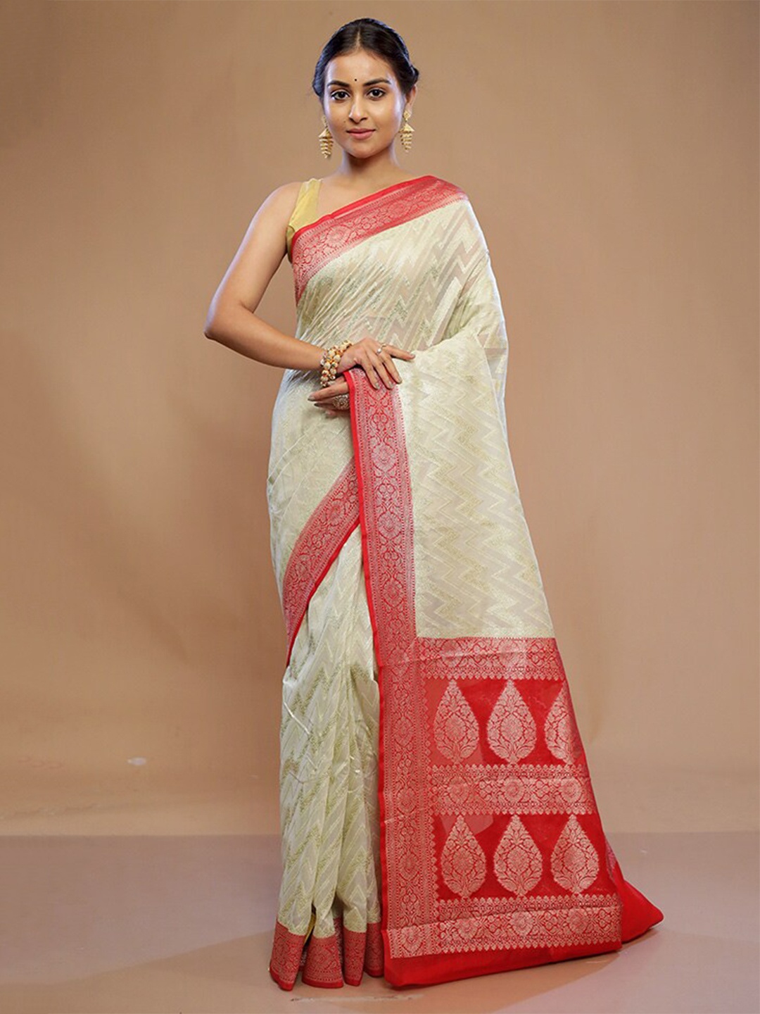 

AllSilks Ethnic Motifs Woven Design Zari Silk Cotton Saree, Cream