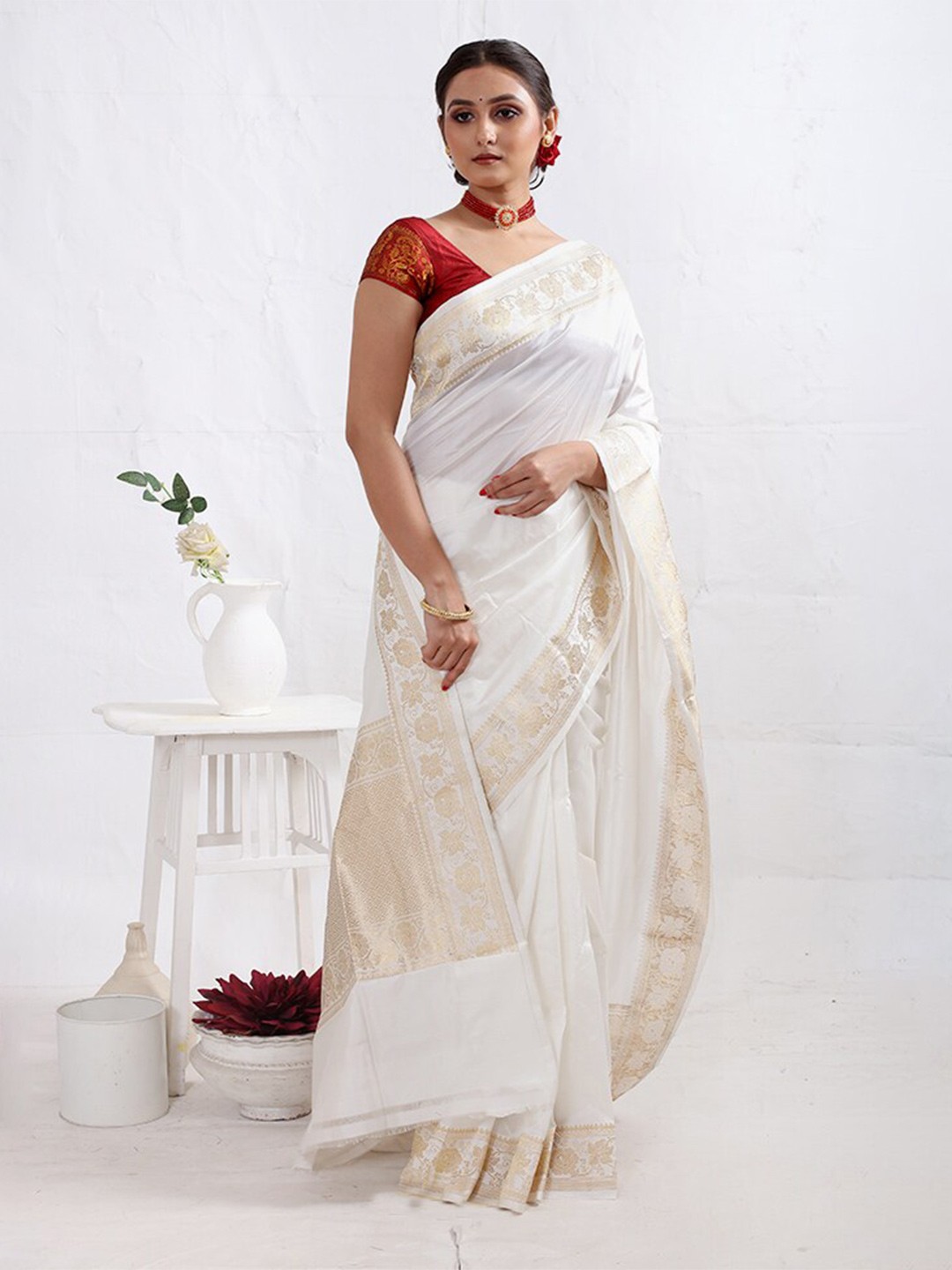 

AllSilks Woven Design Border Zari Pure Silk Saree, White