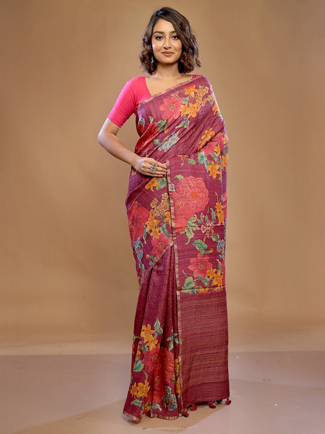 

AllSilks Floral Printed Zari Pure Silk Tussar Saree, Purple