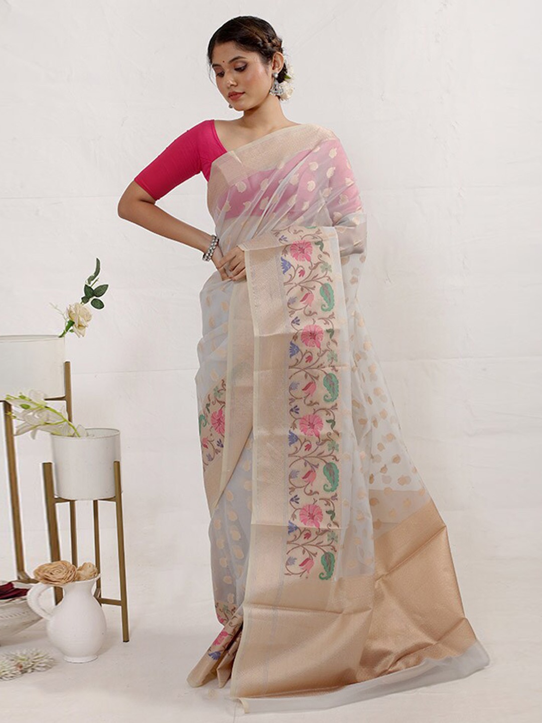 

AllSilks Floral Woven Design Silk Cotton Saree, Grey