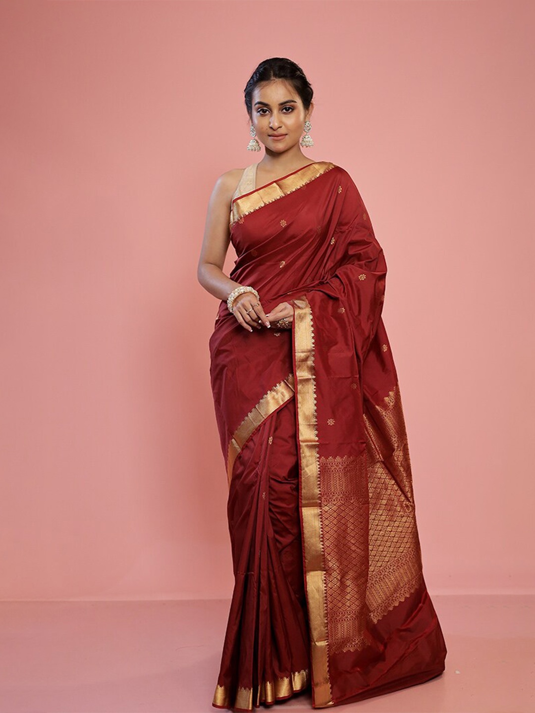 

AllSilks Floral Woven Design Pure Silk Kanjeevaram Saree, Red