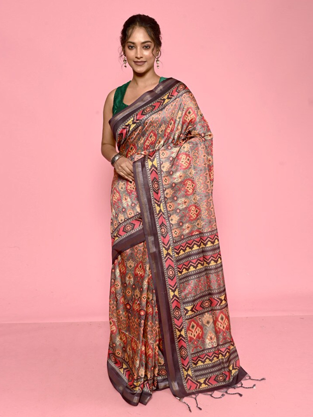 

AllSilks Ethnic Motifs Printed Silk Blend Saree, Brown