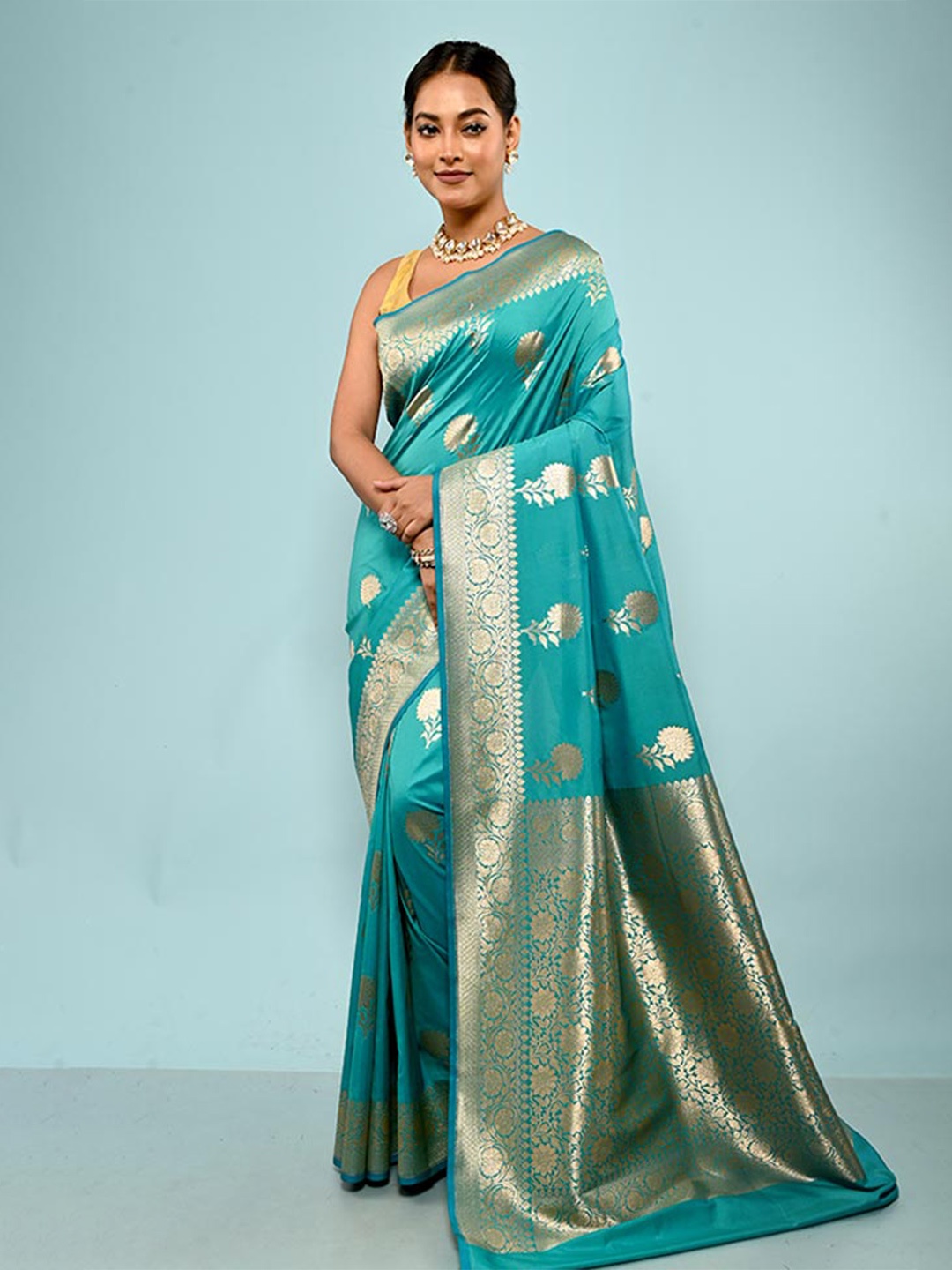 

AllSilks Ethnic Motifs Woven Design Zari Detail Uppada Saree, Green