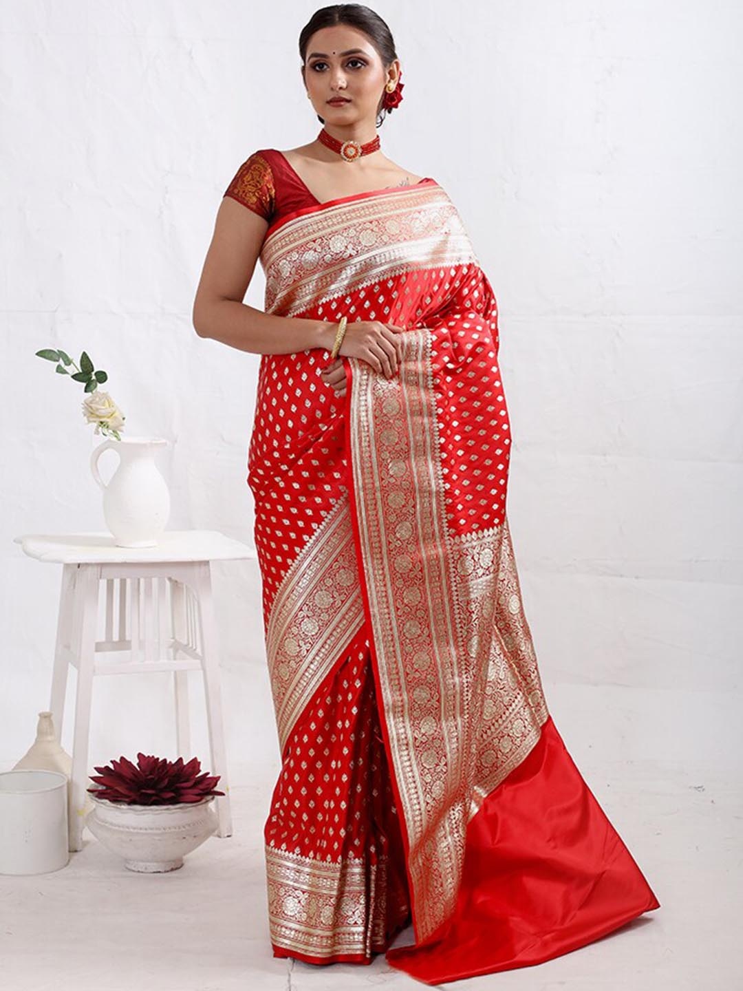 

AllSilks Ethnic Motifs Woven Design Silk Blend Banarasi Saree, Red