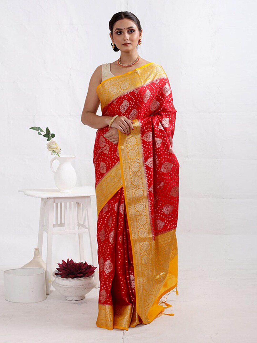 

AllSilks Ethnic Motifs Woven Design Dupion Silk Saree, Red