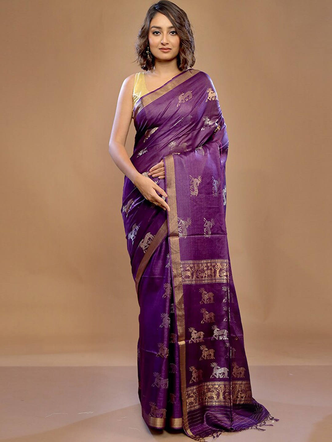 

AllSilks Ethnic Motifs Woven Design Zari Detail Pure Silk Tussar Saree, Purple
