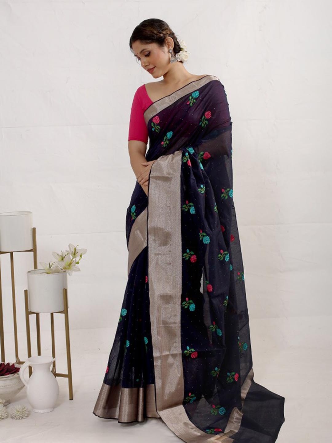 

AllSilks Floral Embroidered Pure Cotton Saree, Black