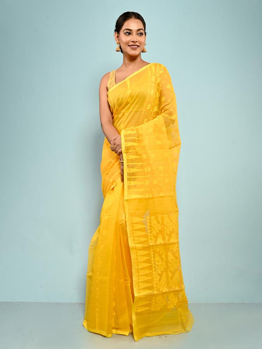 

AllSilks Floral Woven Design Pure Cotton Jamdani Saree, Yellow