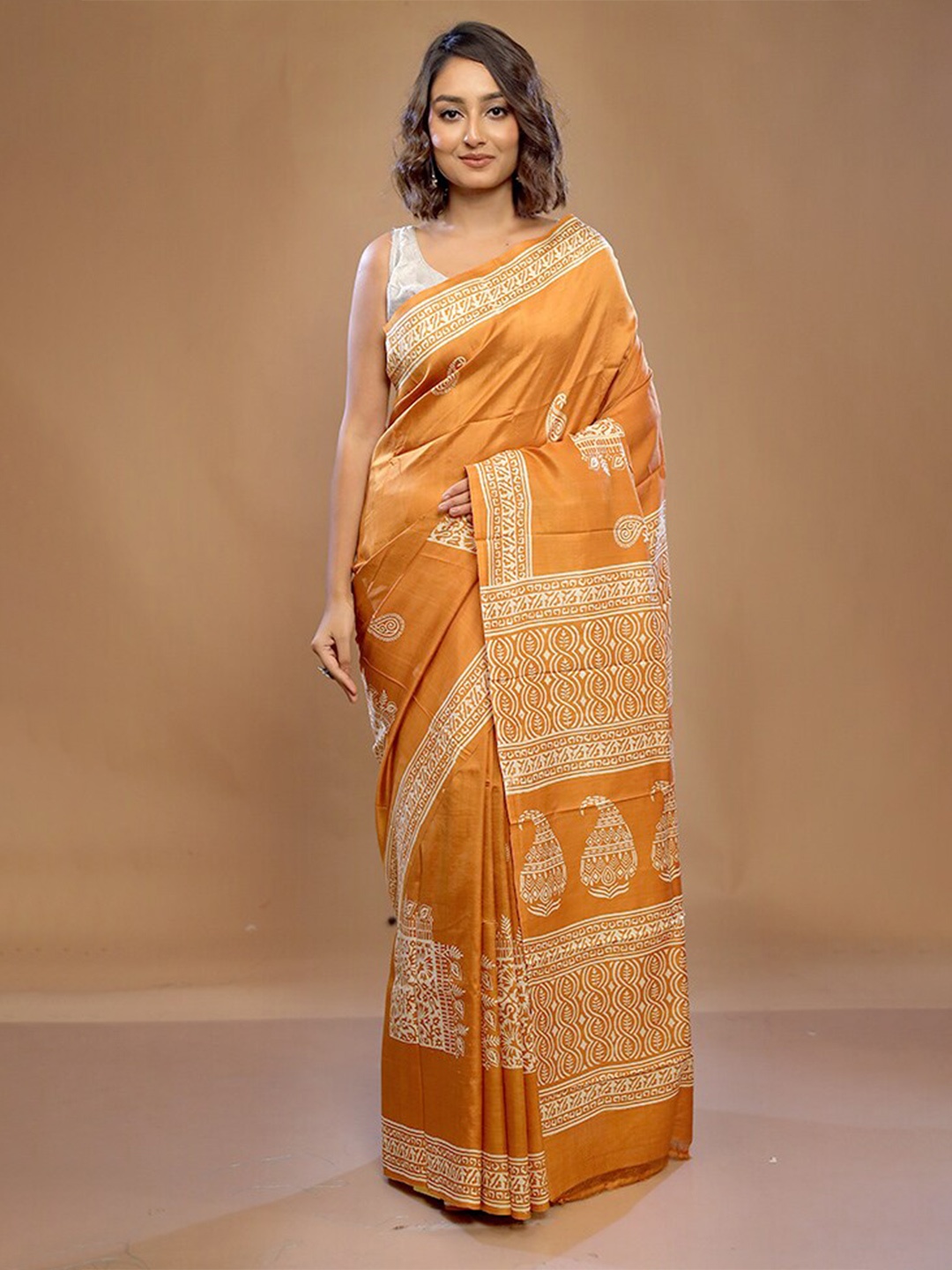 

AllSilks Paisley Printed Pure Murshidabad Silk Saree, Orange