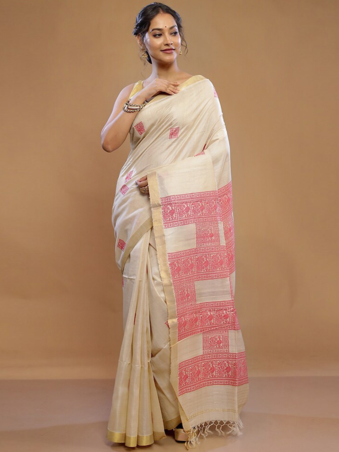 

AllSilks Ethnic Motifs Woven Design Pure Silk Tussar Saree, Cream