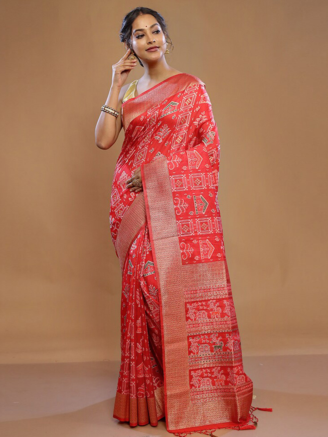 

AllSilks Red Silk Blend Saree