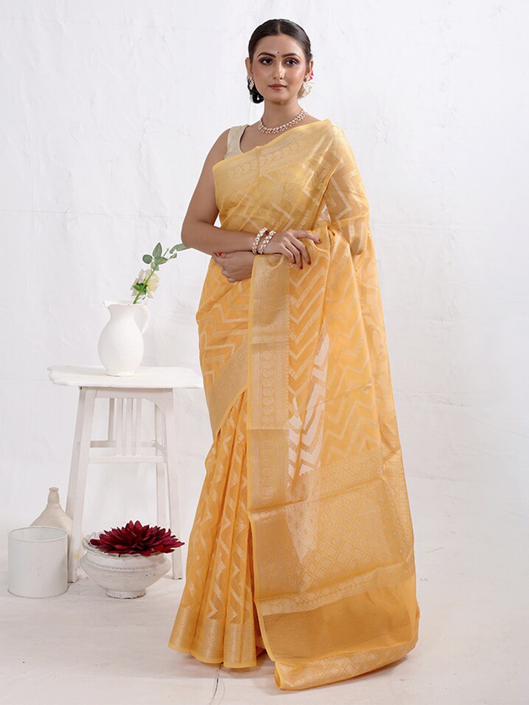 

AllSilks Geometric Woven Design Pure Cotton Saree, Yellow