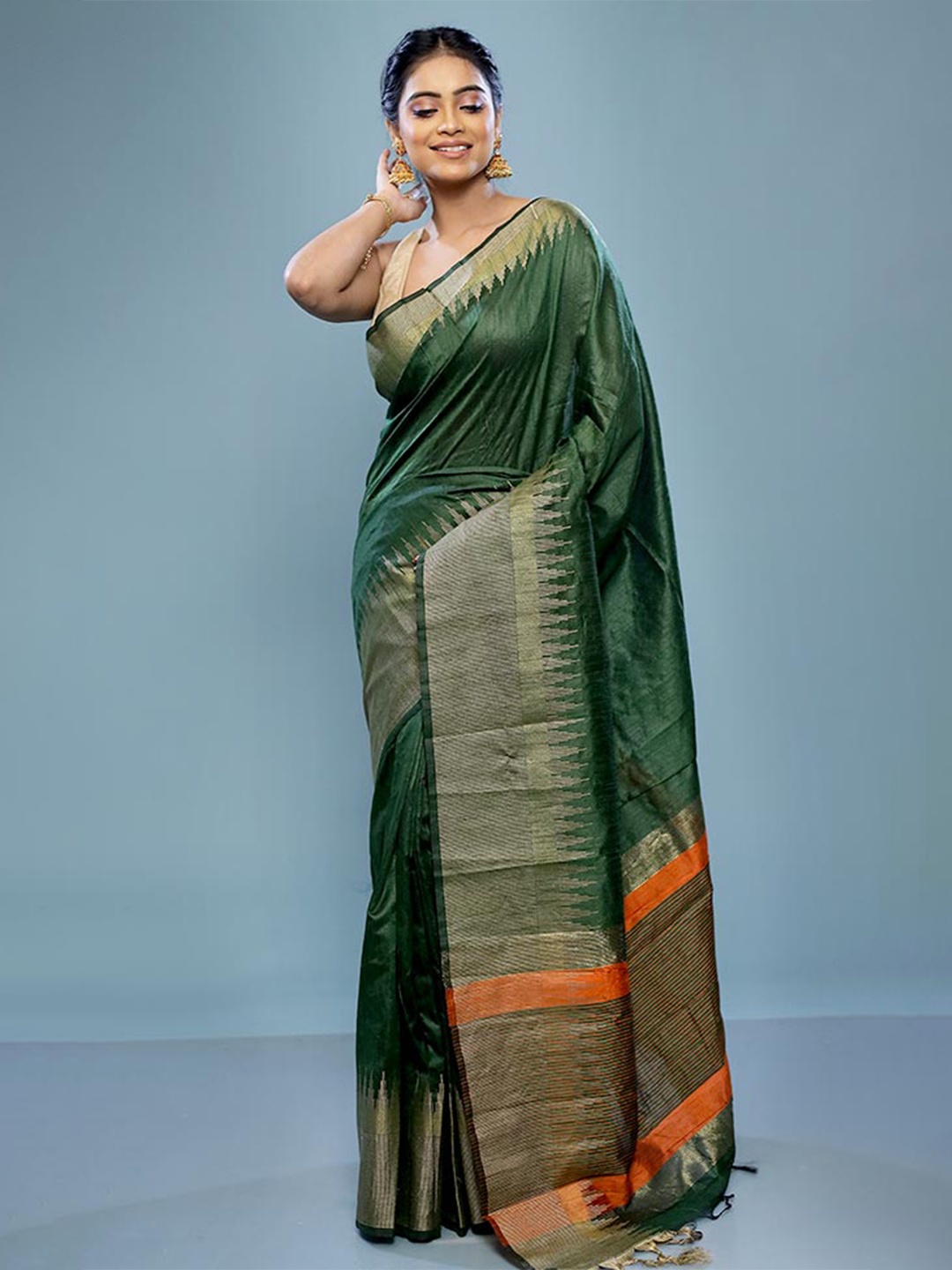 

AllSilks Geometric Woven Design Zari Pure Cotton Saree, Green